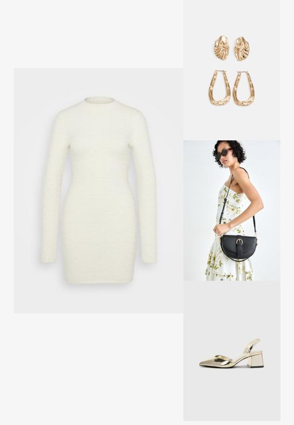 Langermet kjole laget av myk, teksturert hvit stoff; tettsittende silhuett med rund hals og glatt finish, som strekker seg til midten av låret.; Gull, metallisk slingback-hæler med spiss tå og chunky hæl. Glatt tekstur, minimalistisk design og en smal stropp.; Svart lærveske med en buet form, avtagbar stropp og gullbeslag. Vesken har et klaff med spenne-detall.; Gullfargede øredobber med teksturerte, bølgete former. Inkluderer skulpturelle klipsstuds og åpen hoop-design med en hamret finish.