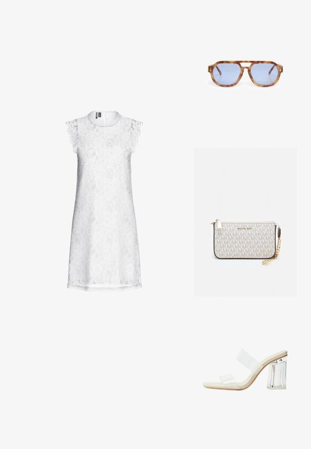 Fehér csipkeblúzujjú ruha, mely texturált virágmintával és hullámos szegéllyel rendelkezik. Hátul cipzáras záródás.; Átlátszó pántokkal, bézs talpbetéttel és vastag, átlátszó tömbsarokkal rendelkező, áttetsző sarokkal készült szandálok. Simább, letisztult dizájn, minimalista esztétikával.; Tarka mintás napszemüveg kék lencsékkel, szögletes kialakítással, vastag kerettel és orrnyereg kivágással; arany díszítéssel a templom részen.; Michael Kors bézs bevonatos vászon karkötő, amely ismétlődő MK logó mintával, aranyszínű fémrészletekkel és levehető lánchordóval rendelkezik.