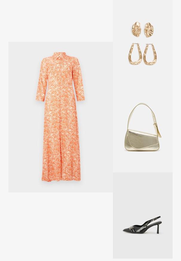 Ilgas, oranžinis suknelė su balta abstrakcine bangų raštu, turinti aukštą apykaklę ir trijų ketvirčių rankoves. Pagaminta iš lengvos medžiagos.; Juodas lakuotas odinis batelis su smailiu pirštu, kulkšnies dirželiais su sidabrinėmis sagtimis ir detalėmis, bei plonu kulnu.; Aukso metalinės rankinės su struktūrizuotu dizainu, lygaus paviršiaus ir reguliuojama dirželiu. Pasižymi unikaliu trikampiu pavidalu ir minimalizmu siuvinėjime.; Auksinės auskarai, turintys tekstūruotus, bangų formos elementus. Įeina skulptūriniai segami auskarai ir atviri lankai su išmuštu paviršiumi.