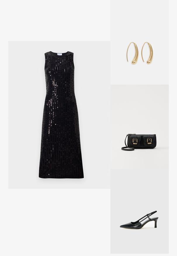 Bezručkový čierny maxi šaty pokryté vertikálnymi trblietavými flitrami, s okrúhlym výstrihom a priamej siluete.; Čierne patentové slingback topánky na ihlovom podpätku s špicatou špičkou, s textúrovaným hadím vzorom, nastaviteľným popruhom a krátkym, textúrovaným blokovým podpätkom.; Čierna kožená crossbody taška s dvoma prednými vreckami, zlatými sponami, zipsovým uzatváraním a úzkym popruhom. Štruktúrovaný povrch a kompaktný obdĺžnikový tvar.; Náušnice vo forme zlatých kovových kruhov s zakriveným, predĺženým tvarom. Majú hladký, lesklý povrch a zaoblený koniec pre pridanie detailu.