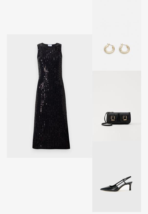 Mustat hihattomat maksimekot, joissa on pystysuoraa hohtavaa paljettikuviointia, pyöreä pääntie ja suora siluetti.; Musta patent slingback-kiilakorko teräväkärkisellä muotoilulla, jossa on teksturoitu käärmeennahkakuosi, säädettävä remmi ja lyhyt, teksturoitu blokkiheel.; Musta nahkainen olkalaukku, jossa on kaksi etutaskua, kultaiset soljet, vetoketjukiinnitys ja kapea hihna. Teksturoidun pinnan ja kompaktin suorakaiteen muoto.; Lauren Ralph Lauren BASIC SMALL HOOP - Korvakorut - gold-coloured