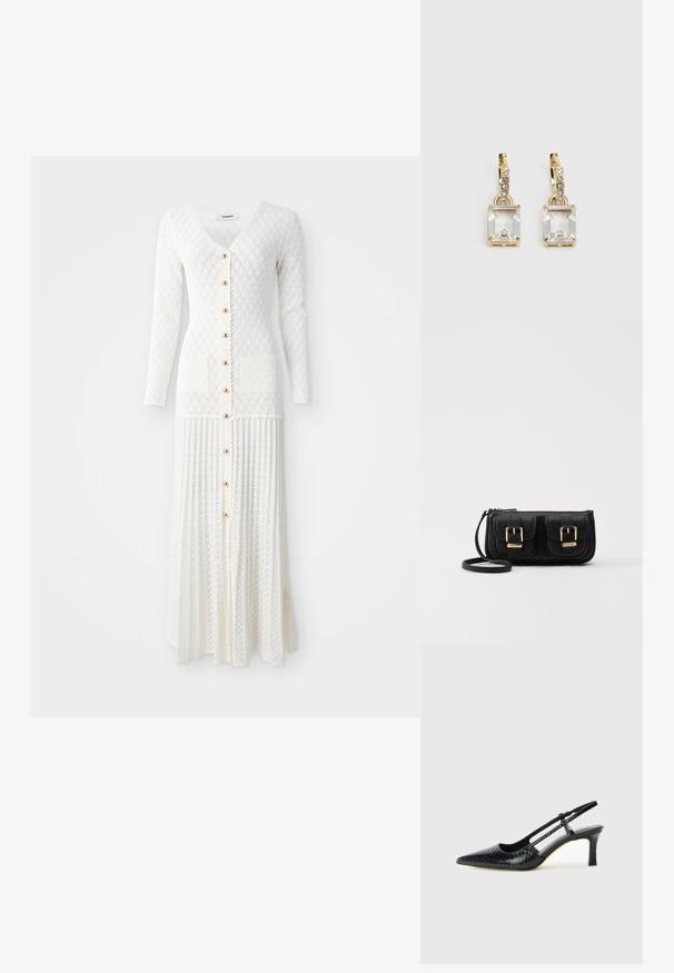 Dolg bel pleten dolg dres z V-izrezom in dolgimi rokavi. Ima velike gumbe in dve sprednji žepki, z rebrasto teksturo in obliko.; Črne lakaste slingback pete s koničastim nosom, ki imajo teksturiran vzorec kačje kože, nastavljiv trak in kratek teksturiran blok peto.; Črna usnjena torbica čez ramo z dvema sprednjima žepoma, zlatimi zaponkami, zadrgo in ozkim pasom. Tekstura površine je strukturirana, obliko pa ima kompaktno pravokotno.; Zlato obarvani uhani, ki vsebujejo pravokoten, prozoren kristal, obešen pod vrsto majhnih, okroglih prozornih dodatkov. Elegantna, moderna zasnova.