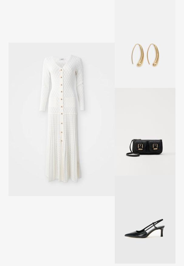 Hosszú, fehér kötött ruha V-kivágással és hosszú ujjakkal. Nagy gombokkal és két elülső zsebbel rendelkezik, bordázott textúrával és kialakítással.; Fekete lakk slingback sarok, hegyes orral, texturált kígyómintával, állítható pánttal és rövid, texturált tömbsarkal.; Fekete bőr keresztbody táska két elülső zsebbel, arany csattokkal, cipzáras záródással és vékony pánttal. Textúrált felület és kompakt téglalap alak.; Aranyszínű fémből készült karika fülbevalók ívelt, hosszúkás formával. Simaságával és fényes felületével, valamint lekerekített végével további részletekkel bővül.