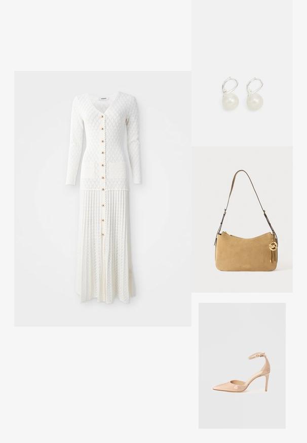 Rochie lungă tricotată albă, cu decolteu în V și mâneci lungi. Prezintă nasturi mari și două buzunare frontale, cu o textură și design cu model canalet.; Pantof nude din piele lacuită, cu vârf ascuțit, curea la gleznă și toc stiletto, având o textură netedă și un design minimalist.; Geantă de umăr din suede bej cu formă curbată, accesorii din aur și închidere cu fermoar. Are un charms atașat cu inițialele "MK."; Cercei cu pandantiv din perle, având o suprafață lustruită, cu un sistem de prindere tip lever back de culoare argintie și perle albe rotunde. Design simplu și clasic.