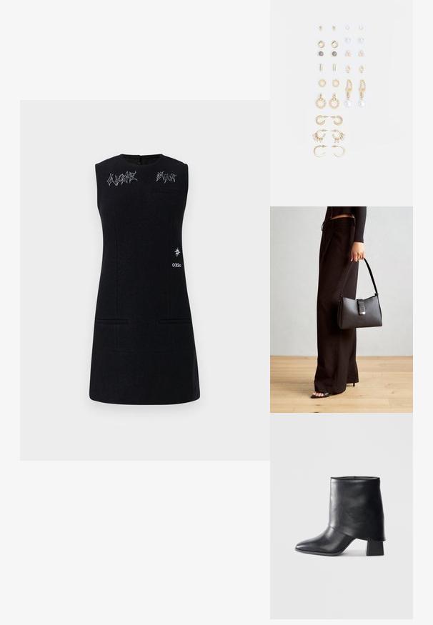Melna bezpiedurkņu kleita ar apaļu kaklu, kurai ir izšuvumi, divas priekšējās kabatas un logo grafika sānos. Gluda tekstūra.; Melnas ādas potītes zābaki ar norādītu purngalu, gludu tekstūru un strukturētu blokveida papēdi. Iezīmē augstu, salocītu apkakles dizainu.; Melnā somiņa ar strukturētu formu, gludu tekstūru un metālu sprādzi. Saskaņota ar platām melnām biksēm un sandālēm ar atvērtu purngalu uz koka grīdas.; Zeltainā tonī auskari, kas iekļauj dažādus dizainus, tostarp pīrsingu, gredzenus un karājošus elementus ar pērlēm un rhinestones.