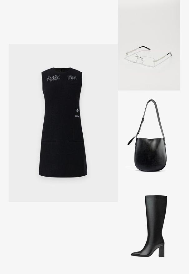 Svart ärmlös klänning med rund halsringning, med broderi, två framfickor och en logografik på sidan. Mjuk textur.; Svart knähög stövel i faux läder med spetsig tå, slät yta och kraftig blockklack. Minimalistisk design utan synliga detaljer.; Rektangulära glasögon med klara linser, en tunn silverfärgad metallram och svarta acetatspetsar. Har minimal hårdvara för en strömlinjeformad design.; Svart läderhandväska med en slät yta, böjd form, justerbar rem och en subtil präglad logotyp på framsidan.