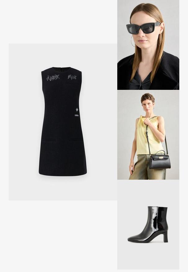 Černé bezrukávové šaty s kulatým výstřihem, zdobené výšivkou, s dvěma předními kapsami a grafickým logem na boku. Hladká textura.; Černé lakované kotníkové boty s špičatou špičkou a středně vysokým blokovým podpatkem. Hladká textura a minimalistický design.; Černé sluneční brýle ve stylu kočičího oka s tmavými skly, silnými rámy a jemnými detaily. Nosené s černým kabátem a šedým topem, s dlouhými rovnými vlasy.; Černá kožená kabelka se strukturovaným designem, horním uchem a nastavitelným popruhem. Hladký povrch a detail zlatého kovového klipsu.