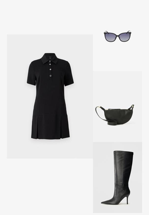 Vestido polo preto com colarinho, mangas curtas, fecho de cinco botões e saia plissada. Confeccionado em material suave e elástico para conforto.; Bota preta de couro até ao joelho com ponta fina e salto agulha esbelto, textura suave, perfil lateral sobre um fundo neutro.; Óculos de sol pretos em formato olho de gato com lentes degradê, apresentando uma armação de plástico lisa e subtis acabamentos metálicos nas hastes.; Bolsa transversal de couro preto com formato de meia-lua, superfície texturizada, fecho dourado e alça plana. Design compacto adequado para itens essenciais.