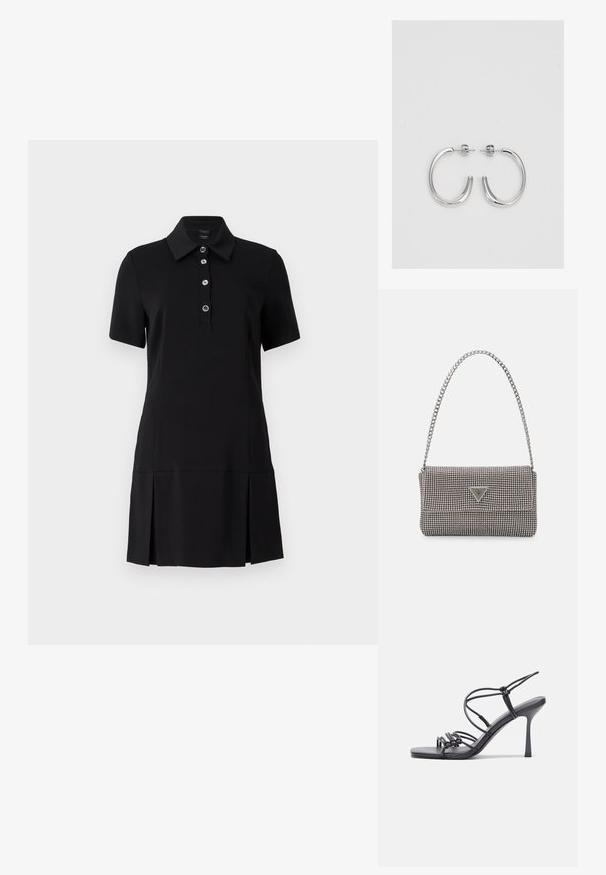 Vestido polo preto com colarinho, mangas curtas, fecho de cinco botões e saia plissada. Confeccionado em material suave e elástico para conforto.; As sandálias de salto alto pretas apresentam tiras finas com um design em nó, uma biqueira quadrada lisa e um elegante salto agulha.; Bolsa metálica cinza claro com uma alça de corrente, adornada com pequenos rebites metálicos circulares e um logótipo triangular da marca.; Brincos de argola prateados com um acabamento suave e brilhante. Forma arredondada, design leve, com fecho de pino.