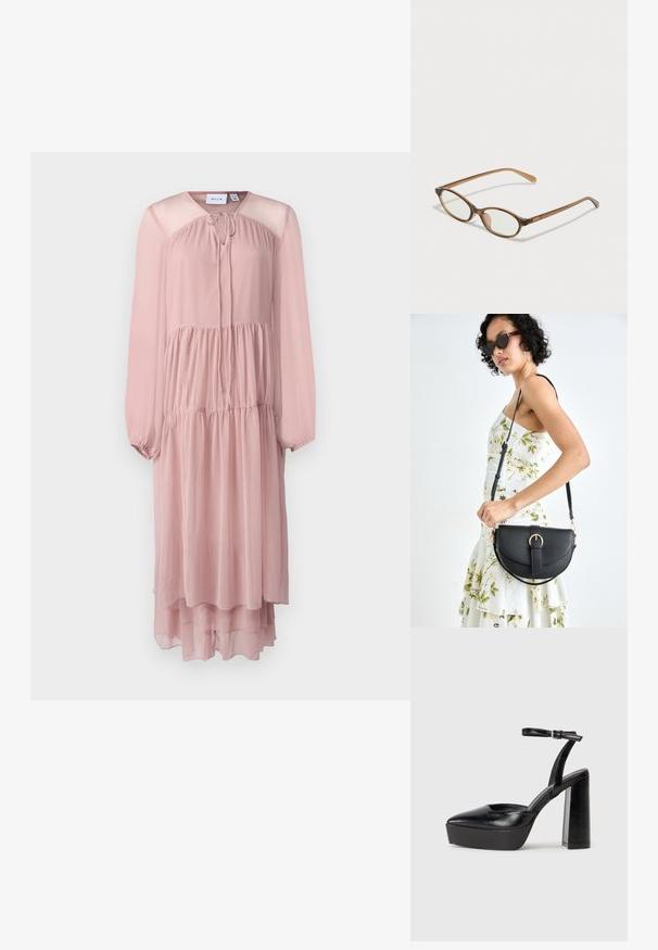 Vestido rosa claro de mangas longas feito de tecido transparente. Apresenta um decote redondo com um laço, cintura pregueada e barra em camadas.; Saltos altos pretos com bico fino e atilho ajustável no tornozelo. Confeccionados em couro suave, apresentam um salto bloco robusto.; Óculos tortoiseshell castanhos com lentes ovais, hastes finas e acabamentos transparentes. Apresenta um logótipo subtil na têmpora. Design elegante e leve.; Bolsa de couro preta com forma curva, alça destacável e detalhes em dourado. A bolsa possui uma aba com detalhe de fivela.