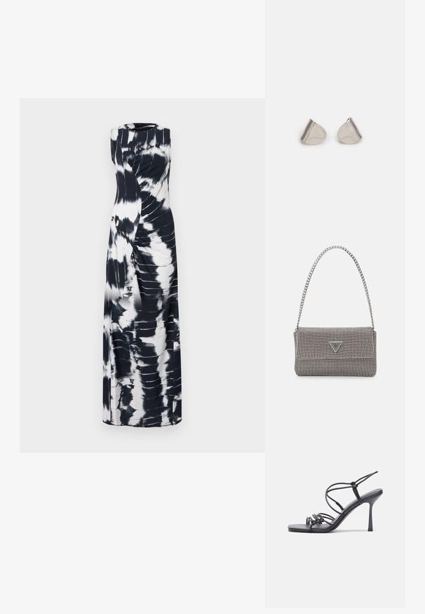 Vestido longo sem mangas em padrão tie-dye preto e branco, com detalhes franzidos. Tecido suave, decote redondo e design até ao chão.; As sandálias de salto alto pretas apresentam tiras finas com um design em nó, uma biqueira quadrada lisa e um elegante salto agulha.; Bolsa metálica cinza claro com uma alça de corrente, adornada com pequenos rebites metálicos circulares e um logótipo triangular da marca.; Brincos de metal prateado com uma forma suave de gota e um acabamento polido. Gravações subtis adicionam detalhe. Design minimalista.
