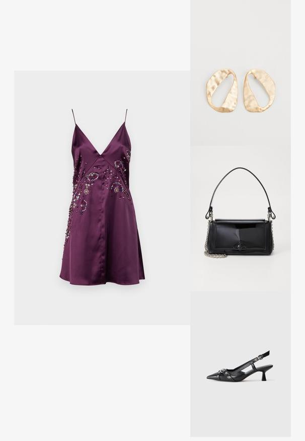 Lila Satin-Kleid mit dünnen Trägern, V-Ausschnitt und verzierten Blumenmustern mit Perlen und Pailletten auf einer Seite.; Schwarzer Leder-Slingback-Schuh mit spitz zulaufender Zehenpartie, dekorativen Riemen mit METALLÖSEN und niedrigem Blockabsatz. Strukturelle Oberfläche.; Schwarze Lackleder-Handtasche mit rechteckiger Form, Kettenriemen und einem markanten Hardware-Akzent in der Mitte. Glatte Textur.; Ein Paar unregelmäßige, oval geformte Ohrringe aus goldfarbenem Metall mit einer strukturierten, leicht gehämmerten Oberfläche auf weißem Hintergrund.