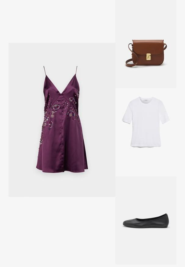 Ljubičasta satenasta haljina s tankim naramenicama, V-izrezom i ukrašenim cvjetnim uzorcima s perlicama i šljokicama s jedne strane.; Bijela majica s kratkim rukavima izrađena od rebraste tkanine. Okrugli izrez, klasičan kroj i suptilni detalji šivanja. Bez uzoraka ili grafika.; Crne kožne baletanke s zaobljenim vrhom, glatke teksture, minimalnim detaljima šavova i fleksibilnim dizajnom potplata.; Smeđa kožna torba s preklopom, zlatnim detaljima, remenom za nošenje preko ramena i glatkom teksturom. Kompaktni pravokutni oblik.