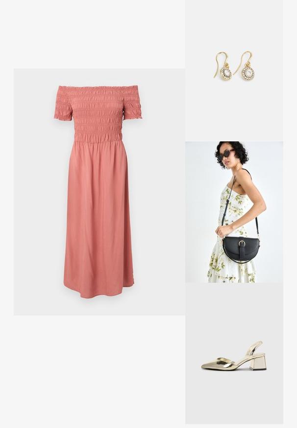 Nuoga pečių suknelė švelniai rožinės spalvos. Pasižymi smulkinta krūtine ir laisvai krentančia medžiaga, kuri pasiekia iki vidurio blauzdų. Tekstūruota paviršius su lygia apdaila.; Auksiniai, metaliniai slingback aukštakulniai bateliai su smailiu pirštu ir masyviu kulnu. Lygus paviršius, minimalizmo dizainas ir siaura juostelė.; Juodas odinis krepšys su išlenkta forma, nuimamu dirželiu ir auksiniais detalėmis. Krepšys turi kilpą su sagtimi.; Aukso spalvos auskarai su ovalo formos skaidriais kristalais, apjuostais mažesniais skaidriais akmenukais, su kabliuko dizainu, užtikrinančiu saugų dėvėjimą.