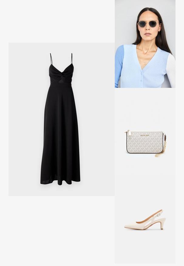 Czarna maxi sukienka z dopasowanym gorsetem, skręconym detalem na biuście, cienkimi ramiączkami spaghetti i zwiewnym dołem. Wykonana z miękkiej, lekkiej tkaniny.; Biała szpilka slingback z ostrym noskiem, gładkim materiałem wierzchnim, niskim obcasem blokowym oraz wycięciami po bokach i regulowanym paskiem z klamrą.; Okrągłe okulary przeciwsłoneczne z ciemnymi soczewkami i złotymi ramkami. Modelka nosi jasnoniebieski kardigan w prążki z guzikami i białymi rękawami w kontrastowym kolorze.; Portfel na nadgarstek marki Michael Kors w beżowej, pokrytej płótnem, z powtarzającym się wzorem logo MK, złotym okuciem i odpinanym łańcuszkowym paskiem.