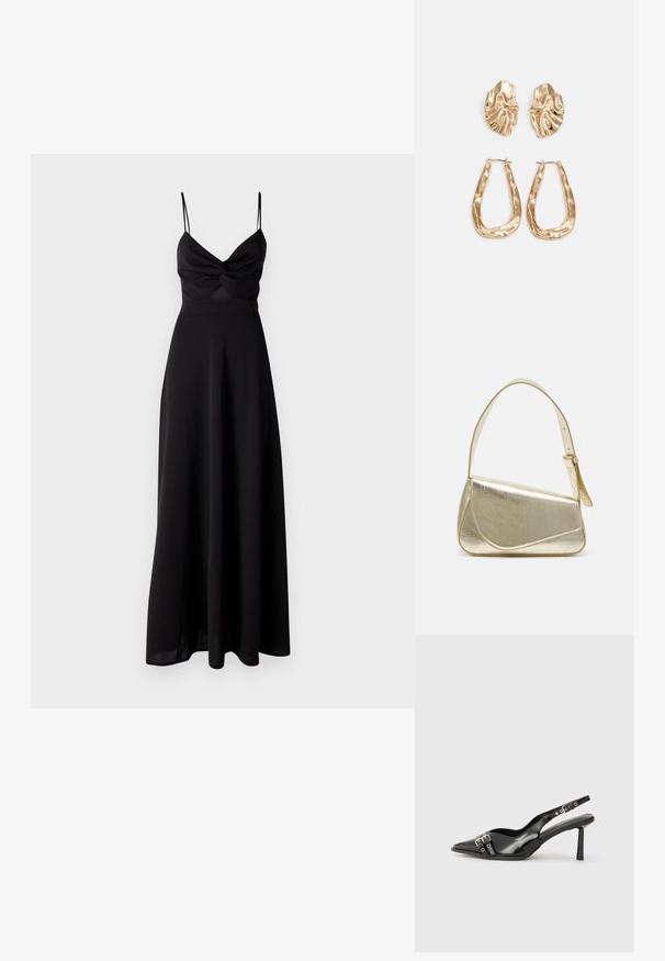 Melnā maksi kleita ar pieguļošu augšdaļu, savītu detaļu krūtīs, plānām spageti siksnām un plūstošu svārku. Izgatavota no mīksta, viegla auduma.; Melnā patentēta ādas sandale ar norādītu purngalu, potītes siksniņām ar sudraba sprādzēm un aparatūru, kā arī smalku papēdi.; Zelta metāla somiņa ar strukturētu dizainu, gludu tekstūru un regulējamu siksniņu. Iezīmējas ar unikālu trīsstūrveida formu un minimālistisku šuvumu.; Zelta krāsas auskari ar teksturētām, viļņotām formām. Iekļauts skulpturāls piespraužams modelis un atvērta gredzenveida konstrukcija ar izsistām virsmām.