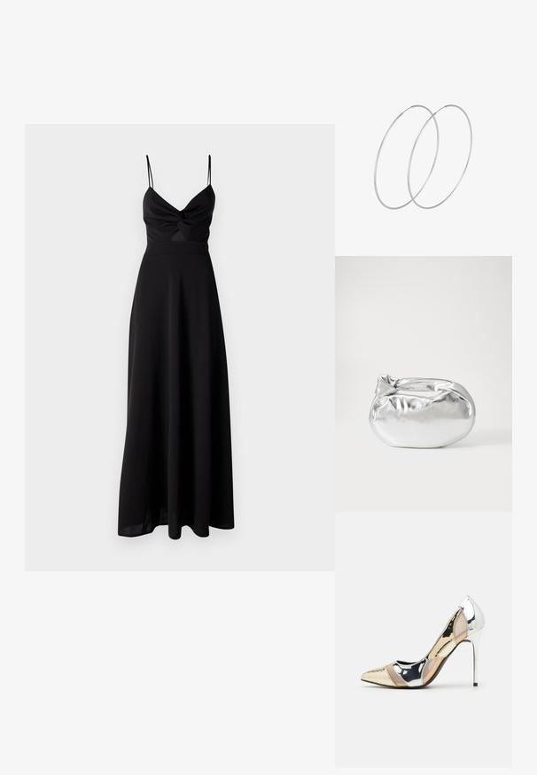 Mustmust pikk kleit, millel on sobiva lõikega rinnaosa, keerutuselement rinnal, õhukesed spagettiribad ja voolav seelik. Valmistatud pehmest ja kergest kangast.; Kitsas toe kõrge kontsaga kingad, millel on hõbedane, kuldne ja nude värvilahendus. Läikiv viimistlus lõikekujundusega, stiletto konts.; Hõbedane metallikoti kott pehme, ümar kuju ja sõlme ülemise sulgemisega. Valmistatud siledast kunstnahast materjalist.; Hõbedased rõngastikkaehingad minimalistlikus disainis. Ümar kuju, sile tekstuur ja õhuke profiil. Kerged ning poleeritud viimistlusega.