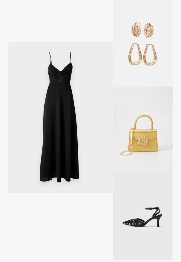 Vestido maxi preto com corpete ajustado, detalhe torcido no peito, finas alças tipo spaghetti e saia fluida. Feito de um tecido leve e suave.; Sandal com salto médio preto e bico fino, adornada com lantejoulas pretas e prateadas, com uma tira fina no tornozelo e fecho com fivela.; Bolsa amarela em pele de crocodilo falsa, com um design estruturado, pega no topo, alça de corrente removível e decoração de cristal no fecho.; Brincos em tom de ouro com formas onduladas e texturizadas. Inclui studs escultóricos com presilha e um design de argola aberta com um acabamento martelado.