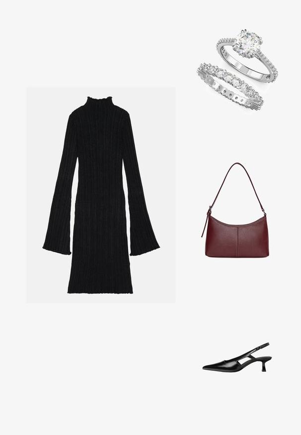 Czarna sukienka w prążki z wysokim kołnierzem i rozszerzającymi się rękawami. Tkanina ma teksturowany, pionowy wzór. Doł sukienki jest lekko falbaniasty.; Czarne lakierowane czółenka na odkrytej pięcie z wąskim noskiem, z wykrojem po bokach i małym kwadratowym obcasem. Gładka faktura z minimalnymi akcentami.; Bordowa torebka skórzana o zaokrąglonym kształcie, z jednym paskiem na ramię i przeszyciami w centrum. Gładka faktura, minimalna ilość elementów metalowych.; Zestaw pierścionków zaręczynowych z białego złota, z okrągłym kamieniem centralnym i towarzyszącą obrączką z wieloma mniejszymi kamieniami.