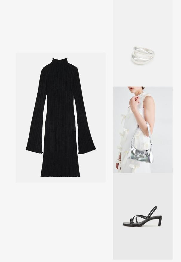 Juoda raštuota suknelė su imitaciniu kaklu ir platėjančiomis rankovėmis. Audinys turi tekstūrinį, vertikalų raštą. Būgnelis yra šiek tiek bangos formos.; Juodi šlepetės su kvadratiniu pirštu ir žemu bloku kulnu. Yra keli ploni dirželiai ir reguliuojamas kulkšnies diržas. Pagaminti iš lygios odos.; Sidabrinė metalinė rankinė su struktūrizuota forma, turinti viršutinę rankeną ir kaspiną priekyje. Lygi tekstūra, atspindinti apdaila.; Sidabrinis dvigubas žiedas su lygiu, poliruotu paviršiumi. Pasižymi sklandžiu, kreiptu dizainu su persipinančiomis dalimis, suteikiančiomis modernų išvaizdą.