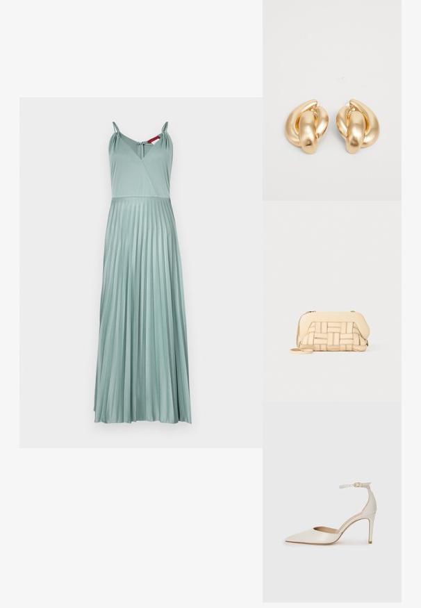 Une longue robe plissée de couleur vert clair, avec des bretelles ajustables et un décolleté en V profond. Fabriquée dans un tissu lisse avec une texture légère.; Chaussure à talon haut en cuir blanc avec un bout pointu, une bride de cheville et un talon aiguille fin. Texture lisse avec une finition légèrement brillante.; Sac à main tissé beige avec un design structuré, présentant un dessus lisse et une longue bandoulière. Des détails texturés rehaussent l'apparence générale.; Boucles d'oreilles en métal doré présentant un design torsadé avec une surface lisse et brillante et des formes arrondies. Chacune mesure environ 5 centimètres.