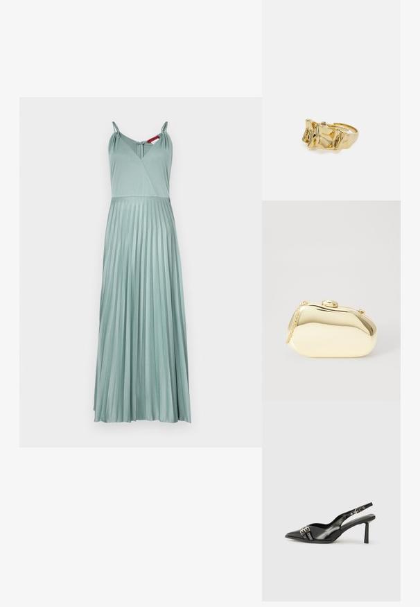 Garšīgs, plisēts kleita gaiši zaļā krāsā, ar regulējamiem siksnām un dziļu V-veida dekoltē. Izgatavots no gludas auduma ar vieglu tekstūru.; Melnā patentēta ādas sandale ar norādītu purngalu, potītes siksniņām ar sudraba sprādzēm un aparatūru, kā arī smalku papēdi.; Metāliska zelta maciņš ar gludu, noapaļotu formu, aprīkots ar augšējo pogu aizdari un mazu ķēdes siksniņu ērtai nēsāšanai.; Zelta gredzens ar teksturētu, viļņotu dizainu, kas rotāts ar trim izteiktām virsotnēm. Gluda, spīdīga virsma ar atvērtu joslu, lai to varētu pielāgot.