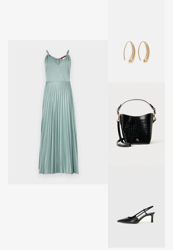 Une longue robe plissée de couleur vert clair, avec des bretelles ajustables et un décolleté en V profond. Fabriquée dans un tissu lisse avec une texture légère.; Escarpin slingback en vernis noir avec un bout pointu, présentant un imprimé serpent texturé, une sangle réglable et un petit talon bloc texturé.; Sac en cuir noir à motif crocodile, de forme courbée, avec des accents en métal doré, une bandoulière ajustable et un détail de logo à l'avant.; Boucles d'oreilles en métal doré en forme d'anneau, avec une forme courbée et allongée. Elles présentent une surface lisse et brillante avec une pointe arrondie pour un détail supplémentaire.
