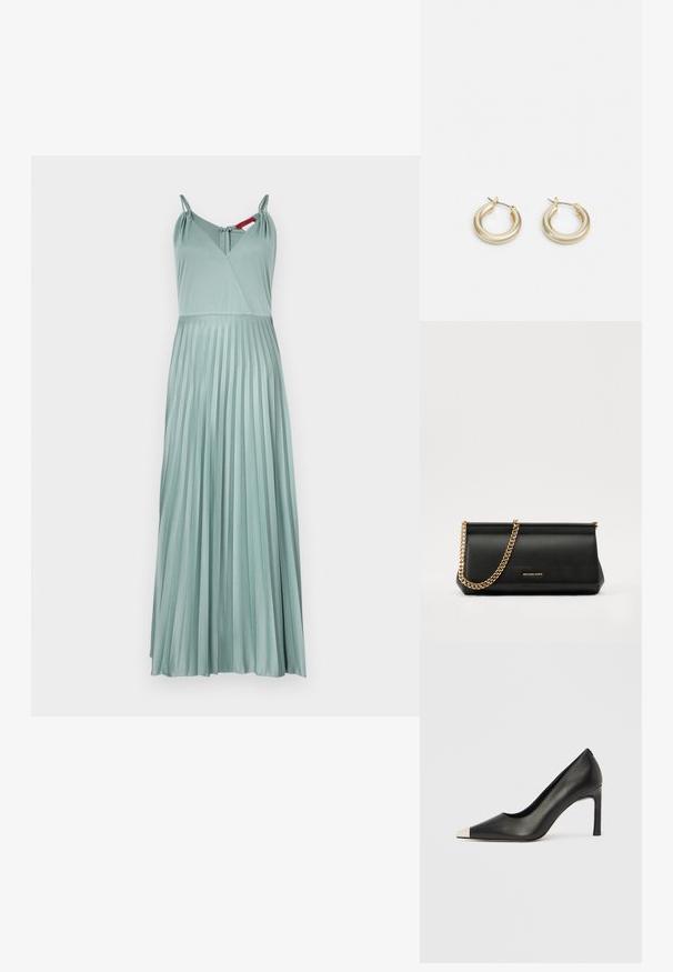 Pikk, volditud kleit helesinises värvitoonis, millel on reguleeritavad rihmad ja sügav V-kaelus. Valmistatud siledast kangast, millel on kerge tekstuur.; Mustast nahast kõrge kontsaga king terava varba ja metallik hõbedase otsikuga. Iseloomustab sile viimistlus ja sihvakas 10 cm konts.; Mustast nahast klamberkott kuldse kettrihmaga, millel on sile tekstuur, ristkülikuline kuju ja esiküljel reljeefne brändingu märk.; Lauren Ralph Lauren BASIC SMALL HOOP - Kõrvarõngad - gold-coloured