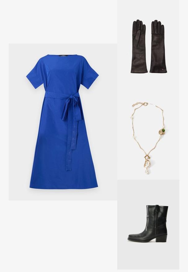 Sinine puuvillane kleit lühikeste varrukatega, ümar kaelus ja seotud vöökoht. A-line siluett, sile tekstuur, põlvepikkune äär. Ilma mustrite või aktsentideta.; Musta nahast pahkluu saabas ümarate varvastega, plokknäppu, külgsepa ja pealsetel õmblusest aktsentidega. Sile tekstuur, klassikaline disain.; Weekend Max Mara SENAPE - Sõrmkindad - nero; Kuldne kaelakee keerutatud linkidega, valgete pärlitega ja rohelise kivi aktsendiga. Omab keerukaid detaile ja klambrit kinnitamiseks.