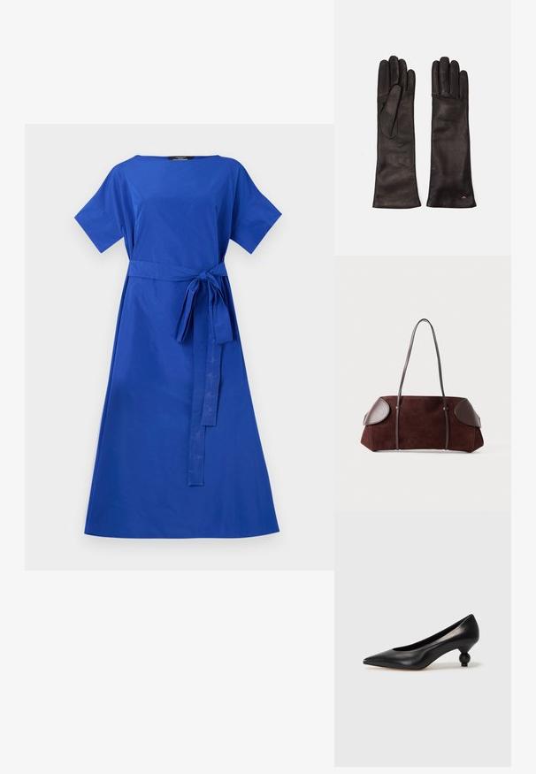Kék pamut ruha rövid ujjakkal, kerek nyakkal és megkötős derékrésszel. A-vonalú sziluett, sima textúra, térd alá érő szegély. Nincsenek minták vagy kiegészítők.; Fekete bőr magassarkú cipő, hegyes orral és kerek, gömbölyű sarokkal. Simább textúrával, elegáns, minimalista dizájnnal.; Barna velúr táska bőrkiegészítőkkel, strukturált forma, dupla vállpántok és kerekded élek, sima felülettel és minimális fém kiegészítőkkel.; WEEKEND MaxMara SENAPE - Kesztyűk - nero; Arany gyűrű, a belsejében koronával és patkómintával, apró, tiszta drágakövekkel díszítve, fehér háttér előtt.