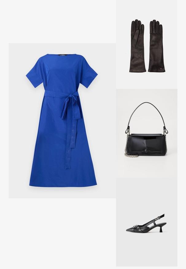 Rochie din bumbac albastru, cu mâneci scurte, gât rotund și talie legată. Siluetă în formă de A, textură netedă, cu tiv până la genunchi. Fără modele sau accente.; Pantofii slingback din piele neagră, cu vârful ascuțit, curele decorative cu ochiuri din metal și toc bloc mic. Suprafață texturată.; Geantă din piele patent neagră, cu o formă rectangulară, mânere din lanț și un accent distinctiv din metal în centru. Textură netedă.; Weekend Max Mara SENAPE - Mănuși - nero