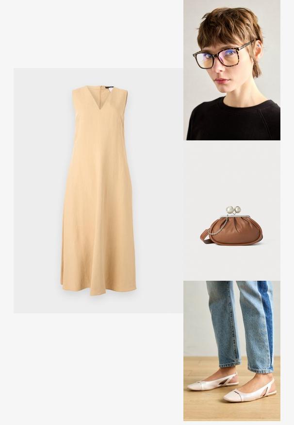 Ärmelloses V-Ausschnitt-Kleid aus leichtem beigen Leinenstoff, mit gerader Silhouette und einem subtilen A-Linien-Schnitt, dessen Saum unterhalb der Knie endet.; Blassrosa Slingback-Ballerinas mit spitzem Punkt, aus einem glatten, lederähnlichen Material. Mit Ausschnitten an den Seiten und einem flachen Absatz.; Schildpattbrille mit großen rechteckigen Fassungen, ausgestattet mit reflektierenden Gläsern und dünnen Bügeln, vor einem neutralen Hintergrund getragen.; Braune Leder-Clutch mit silbernem Kugelverschluss und einem kleinen silbernen Kettendetail auf weißem Hintergrund.