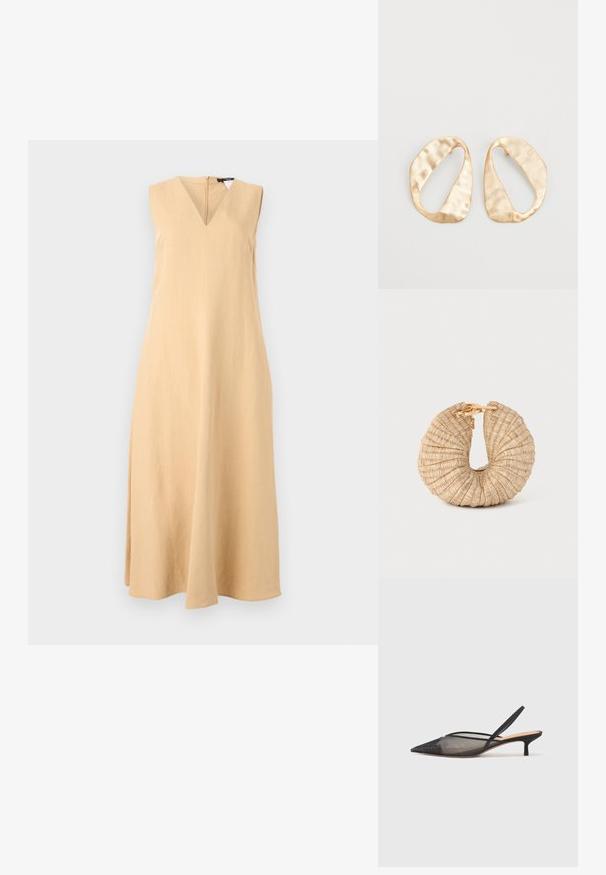 Ærmeløs V-hals kjole i lyse beigefarvet linned, med en lige silhuet og en diskret A-form med en kantlinje under knæene.; NEOUS IRENA - Pumps - black; Cult Gaia UBAH - Clutches - wheat; Et par uregelmæssige ovalformede øreringe i guldtonet metal med en tekstureret, let hamret overflade på en hvid baggrund.