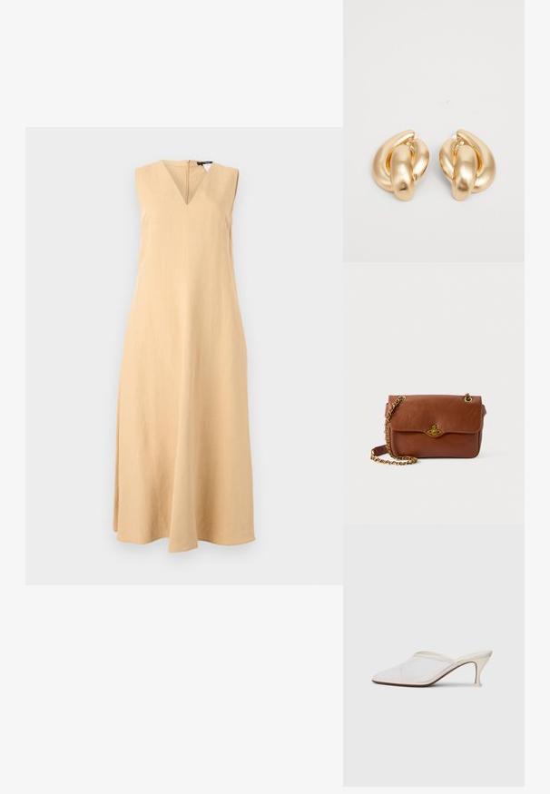 Sleeveless, V-neck dress in light beige linen fabric, featuring a straight silhouette and a subtle A-line shape with a hemline below the knees.; White mesh pointed-toe mule with a slim mid-height heel and slip-on design against a plain background.; Brown leather crossbody bag with a flap closure, gold hardware, and a chain strap. Smooth texture, rectangular shape, minimal detailing.; Gold-tone metal earrings featuring a twisted design with a smooth, shiny surface and rounded shapes. Each measures approximately 2 inches.