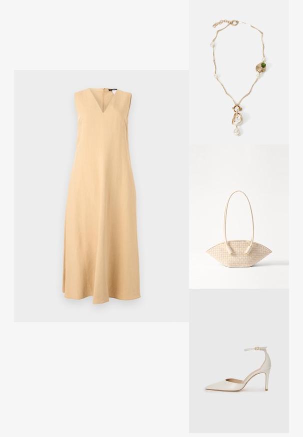 Ujjatlan, V nyakú ruha világos bézs vászon anyagból, egyenes sziluettel és finom A-vonalú fazonnal, térd alatt végződő szegéllyel.; Fehér bőr, magassarkú cipő hegyes orral, bokapánttal és vékony tűs sarkal. Simaszövet, finom fényes felülettel.; Szőtt bézs kézitáska egyedi ívelt formával, két textúrált fogantyúval és hengeres fém díszítésekkel.; Arany színű nyaklánc csavart láncszemekkel, fehér gyöngyökkel és zöld kő díszítéssel. Bonyolult részletekkel rendelkezik, és zárómechanizmussal van ellátva.