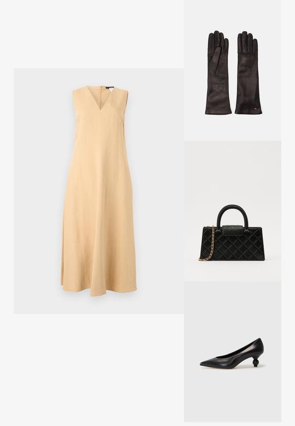 Sleeveless, V-neck dress in light beige linen fabric, featuring a straight silhouette and a subtle A-line shape with a hemline below the knees.; Black leather high heel shoe with a pointed toe and a round, balled heel. Smooth texture with a sleek, minimal design.; Black handbag made of textured leather, featuring a diamond pattern, gold-tone chain strap, and a top handle with a logo-embossed flap closure.; WEEKEND MaxMara SENAPE - Gloves - nero
