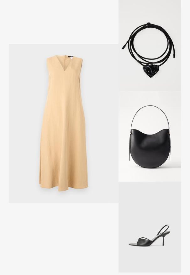 Robe sans manches, décolleté en V en lin beige clair, présentant une silhouette droite et une forme subtile en A avec un ourlet en dessous des genoux.; Escarpins en cuir noir à talon décolleté, avec un bout pointu, une fine bride de cheville et un talon aiguille. Présente un détail noué sur le devant.; Sac en cuir noir avec une forme incurvée, une fine anse et de subtils accents dorés. Texture lisse avec un design minimaliste.; Pendentif en forme de cœur noir sur un cordon noir élégant. Le pendentif présente un design brillant et texturé avec des lignes surélevées et une finition lisse.