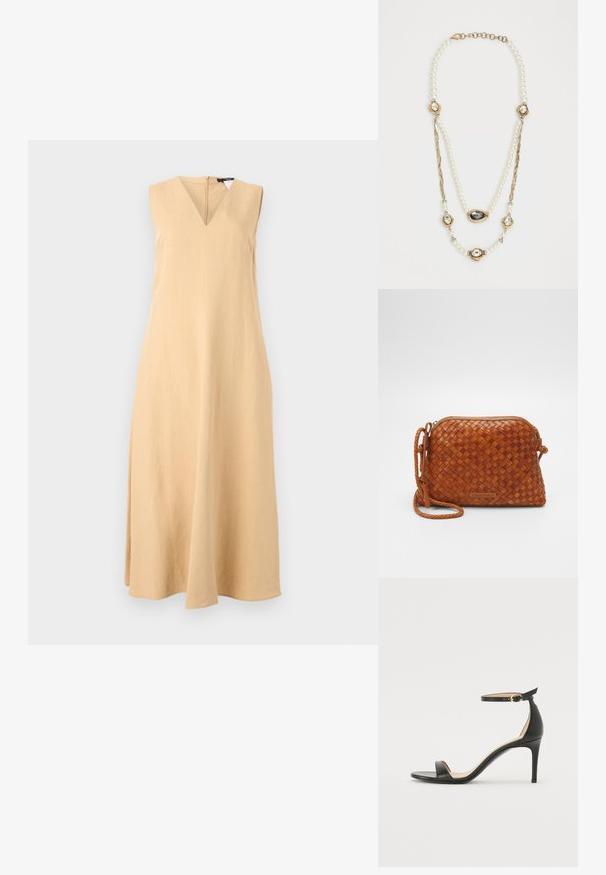Ærmeløs V-hals kjole i lyse beigefarvet linned, med en lige silhuet og en diskret A-form med en kantlinje under knæene.; Sort læder højhælede sandaler med ankelrem. Har en glat tekstur, åben tå og en tynd hæl. Guldtonet spænde detalje.; Brun vævet læder crossover taske med lynlåslukning, rund form og en flettet skulderrem. Har en lille, rektangulær logoplade.; Perlehalssmykke med gyldne accenter, tre gem-encrusterede indstillinger og et fletningsafsnit. Farvepaletten inkluderer hvid og guld.