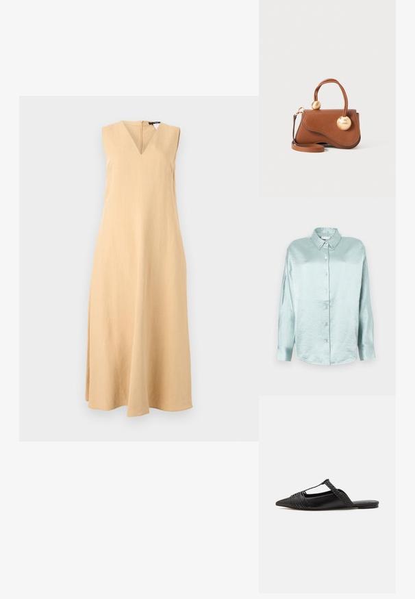 Hihaton, V-kaula-aukkoinen mekko vaaleansävyisestä pellavasta, jossa on suora siluetti ja hienovarainen A-linjainen muoto, helma ulottuu polvien alapuolelle.; Vaaleansininen napitettava paita, joka on valmistettu kiiltävästä, pehmeästä kankaasta; siinä on kaulus, pitkät hihat ja pyöristetty helma, ja se on rento istuvuus.; Musta nahkasandaali, jossa on terävä kärki, somistettuna kudotulla yksityiskohdalla ja pleatatuilla yläosilla. Litteä pohja, jossa on vähäisiä tarvikkeita.; Ruskean nahkalaukku, jossa on aaltoileva muotoilu, kahdella pyöreällä kullansävyisellä yksityiskohdalla ja irrotettavalla olkahihnalla monipuolista kantamista varten.