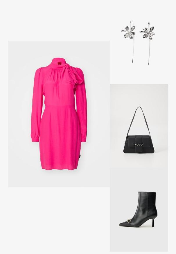 Fuksia rosa kjole med lange ermer, samlet halslinning og en sløyfe ved skulderen. Laget av lett stoff.; Sorte lær ankle boot med spiss tå, slank mid-høyde hæl og sølvspenne på siden mot en enkel bakgrunn.; Svart lærveske med trekantet form, som har en frontklaff, sølvfarget hardware og det pregete logoet "HUGO." Enkelt skulderreim.; Sølvblomstformede ørevipper med en teksturfinish, der har lange kroker og kronbladlignende detaljer for et intrikat design.