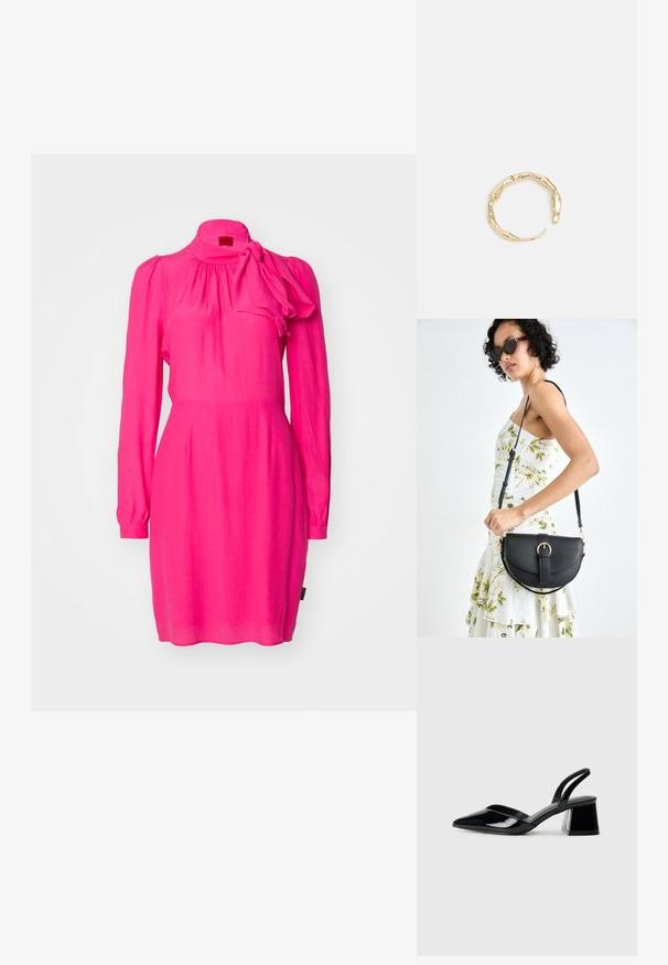 Haljina fuksija ružičaste boje s dugim rukavima, naboranim dekolteom i naglaskom u obliku mašne na ramenu. Izrađena je od laganog materijala.; Crne lakirane kožne sandale s otvorenom petom i špicastim vrhom, s geometrijskom blok petom. Imaju elegantan, minimalistički dizajn i glatku teksturu.; Crna kožna torba s lukovitim oblikom, odvojivim remenom i zlatnim detaljima. Torba ima preklop s kopčom.; Prsten u zlatnoj nijansi s organskim, uvijenim dizajnom, glatkom teksturom i suženim krajevima, koji stvara moderan, skulpturalni izgled.
