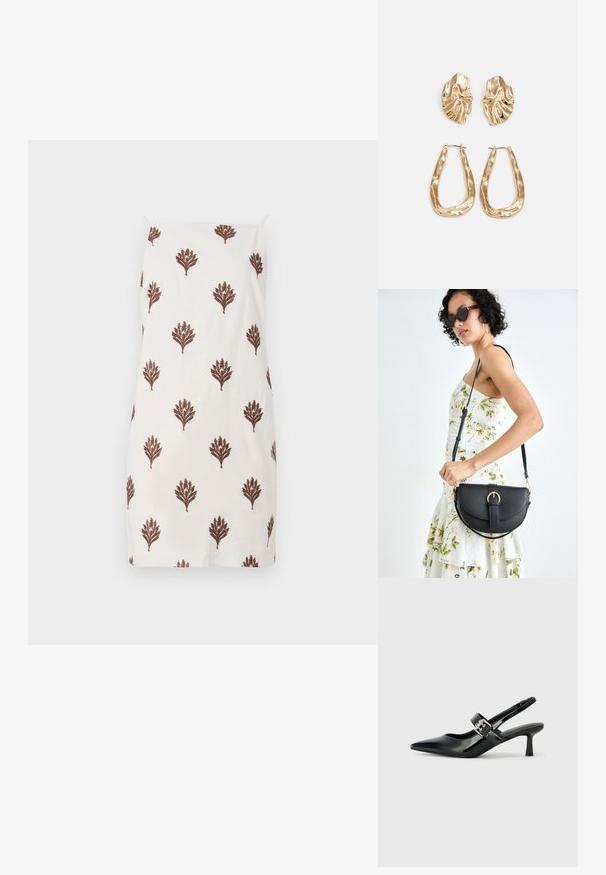 Rochie albă dintr-un material ușor, cu un model de motive florale maro repetate, având bretele subțiri și un design drept.; Sandale cu toc din piele patent neagră, cu vârful ascuțit și un toc mic bloc, având un accent cu cataramă argintie pe curea.; Geantă din piele neagră, cu o formă curbată, curea detașabilă și accesorii aurii. Geanta are un capac cu un detaliu tip cataramă.; Cercei aurii cu forme texturate și ondulate. Include studs sculpturale cu clip și un design de cerc deschis cu un finisaj cioplit.