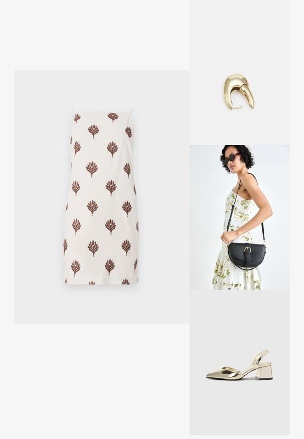 Balta kleita, kas izgatavota no viegla auduma, ar atkārtotu brūnu ziedu motīvu rakstu, ar plānām plecu siksnām un taisnu griezumu.; Zeltaini, metāla kurpes ar siksniņām, norakans purngalis un masīla papēdis. Gluda tekstūra, minimālisma dizains un šaura siksna.; Melnas ādas rokassoma ar izliekta formu, noņemamu siksnu un zelta aksesuāriem. Somai ir vāciņš ar sprādzes detaļu.; Zeltīti metāla auskari ar gludu, izliekta dizaina. Ar atšķirīgu smailu formu, pulētu virsmu un eņģu aizdari.