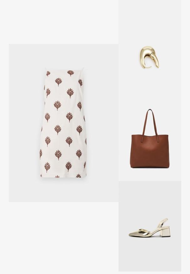 White dress made from lightweight fabric, featuring a pattern of repeated brown floral motifs, with thin shoulder straps and a straight cut design.; Gold, metallic slingback heels with a pointed toe and chunky heel. Smooth texture, minimalistic design, and a narrow strap.; Brown leather tote bag with a smooth texture, open top design, and two shoulder straps. Features minimal stitching and no visible hardware.; Gold-tone metal earring with a sleek, curved design. Features a distinctive pointed shape, polished surface, and hinge closure.
