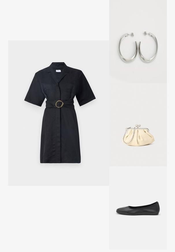 Must mustriba mustriba, miselgedi lühikeste varrukatega, esipocketitega, vöödega kullatoonilise keeratud rõngaga ja nööpide ees.; Musthave mustika tantsutossud mustast nahast, ümmarguse varbaga, siledast tekstuurist, minimaalse õmblusdetailiga ja paindliku tallakujundusega.; Kortsus beežist nahast kotike, millel on hõbedane metallraam, kaunistatud kahe ümmarguse dekoratiivse lukuga ja hõbedase ketispideme. ; Hõbe rõngas kõrvarõngad, millel on sujuv ja kõver kuju. Omab läikivat metallist viimistlust ja nupuga sulgemist. Pole nähtavaid mustreid ega aksessuaare.