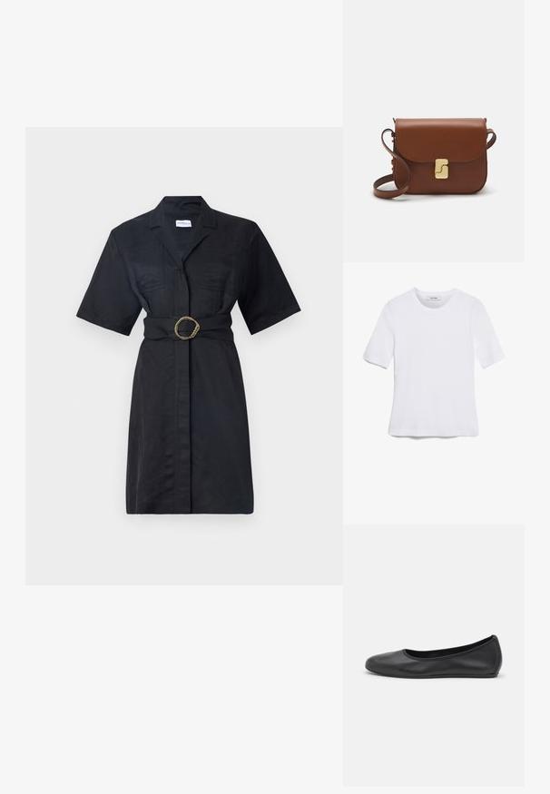 Melna kleita ar īsām piedurknēm, priekšējiem kabatām, jostasvietu ar zelta toni savītu gredzenu un pogām.; Balta īsām piedurknēm T-krekls, izgatavots no ribota auduma. Apaļš izgriezums, regulāra piegriezuma un diskrēti šuvumu detaļas. Bez printiem vai grafikām.; Melna ādas baleta kurpe ar noapaļotu purngalu, gludu tekstūru, minimālu šuvju detalizāciju un elastīgu zoles dizainu.; Bordo ādas rokas soma ar atloku, zeltītām detaļām, plecu siksnu un gludu virsmu. Kompakta, taisnstūrveida forma.