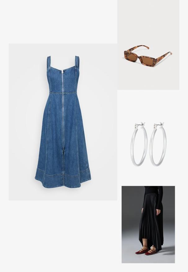 GAP Petite FIT N FLARE PITNEY - Denimové šaty - medium wash; Černá plisovaná sukně s vysokým předním a nízkým zadním lemem, kombinovaná s lesklými červenými balerínami se strapkovým designem. Tkanina má hladký povrch.; Kočičí brýle se želvovinovým vzorem, obdélníkové hnědé čočky, silný rám a úzké nožičky s různými odstíny hnědé.; Stříbrné kruhové náušnice s hladkým, lesklým povrchem. Kulatý tvar a bezpečné zapínání na klip. Lehký design vhodný pro každodenní nošení.