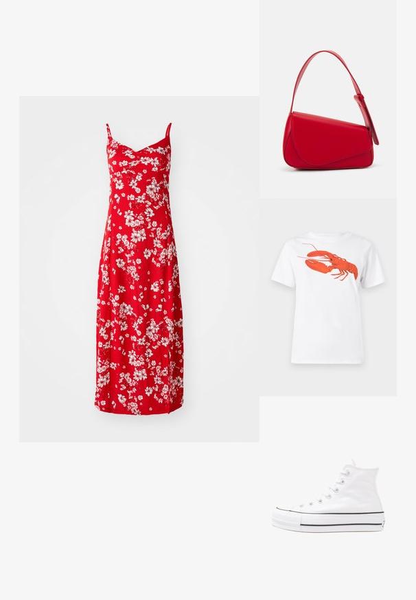Vestido midi rojo con estampado de flores blancas, escote en V, tirantes ajustables y un acabado de tela texturizada.; Camiseta de algodón blanca con un gran gráfico de langosta roja brillante en la parte frontal. Diseño de mangas cortas y cuello redondo estándar.; Zapatilla de lona alta blanca con suela de goma negra, puntera de goma frontal y seis ojetes para los cordones, que presenta un diseño limpio y minimalista.; Bolso de cuero rojo con un diseño angular y geométrico. Cuenta con una única correa ajustable y un cierre de solapa con detalles de costura.