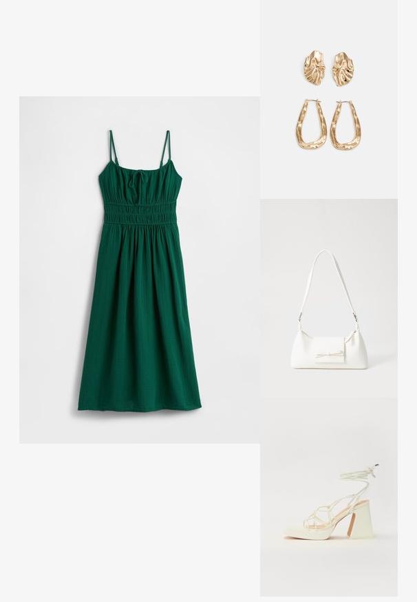 Zelena obleka brez rokavov z nabranim pasom, narejena iz teksturirane tkanine. Ima nastavljive naramnice in sproščen, tekoč kroj.; Bela sandala na visokih petah s debelim petam, ki ima obliko trakcev in vezanje okoli gležnja. Gladka tekstura z platformo spredaj za dodatno višino.; Bela sintetična torbica v obliki trikotnika, z ravnim sprednjim poklopcem in detajlom mašne, nastavljivim trakom, gladko teksturo in minimalističnim dizajnom.; Zlato obarvani uhani z teksturiranimi, valovitimi oblikami. Vključujejo skulpturalne sponke za ušesa in odprto obliko obročka s kladivastim finišem.