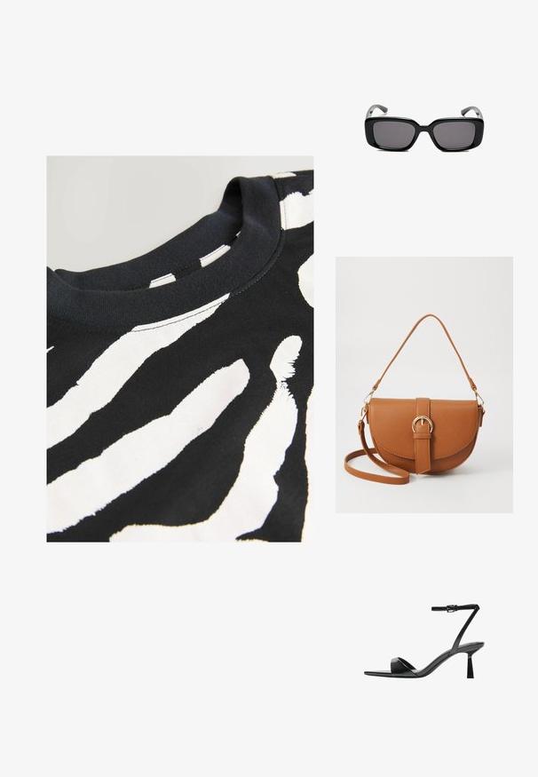 T-shirt noir avec un motif de rayures zébrées blanches audacieux, encolure ronde, manches courtes et texture en coton doux.; Bershka Sandales à talons hauts - black; Lunettes de soleil noires rectangulaires avec des verres foncés, monture en plastique lisse et branches courbées. Le design est épais avec une esthétique minimaliste.; Sac bandoulière en cuir marron avec une forme incurvée, quincaillerie dorée et un accent en boucle. Comprend une bandoulière détachable.